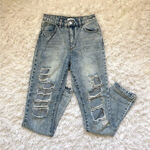 Forever 21 Light Blue Distressed Boyfriend Jeans with chain detail